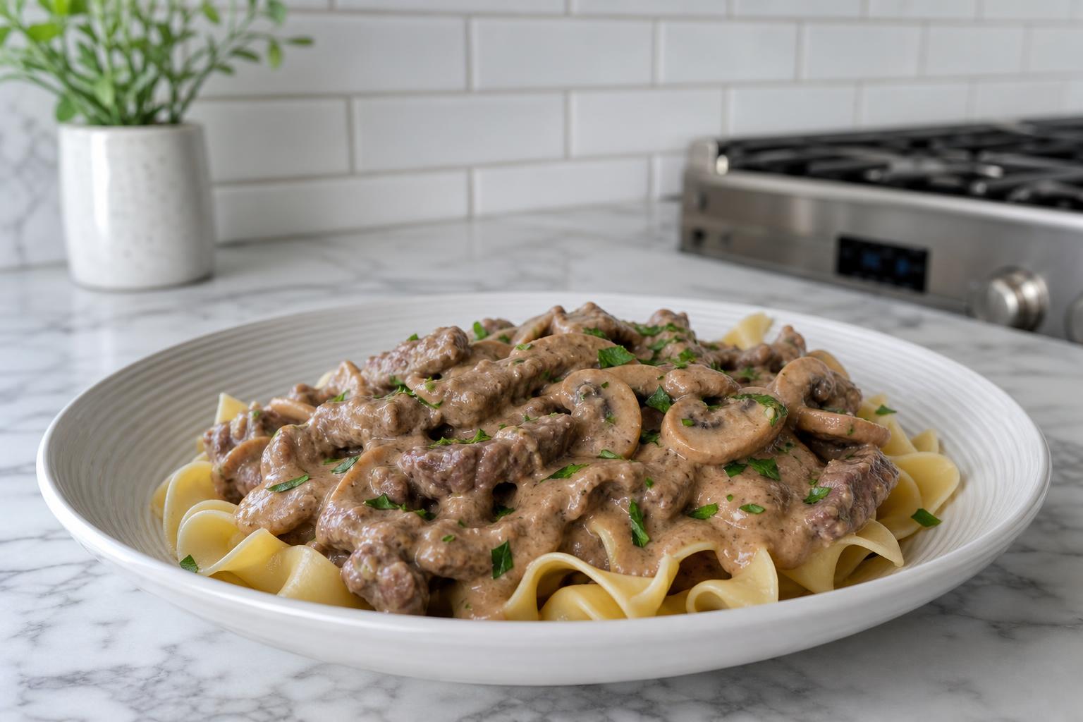 Creamy beef stroganoff with mushrooms served over egg noodles