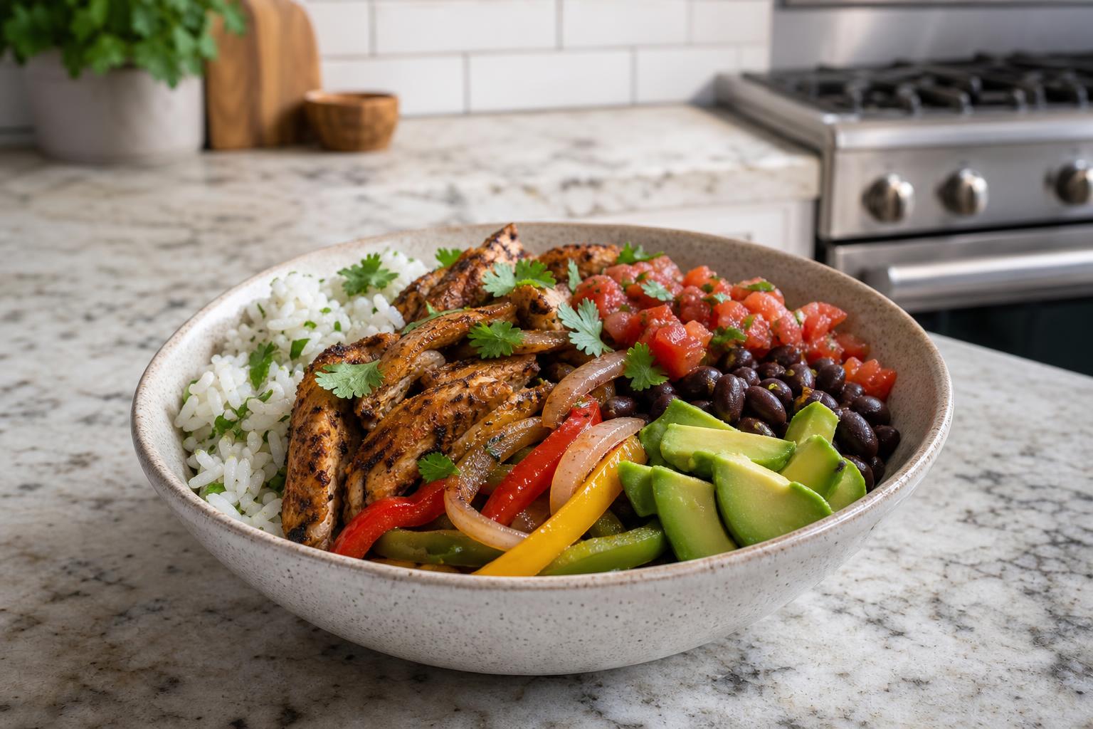 Colorful chicken fajita bowl with rice, peppers, and toppings