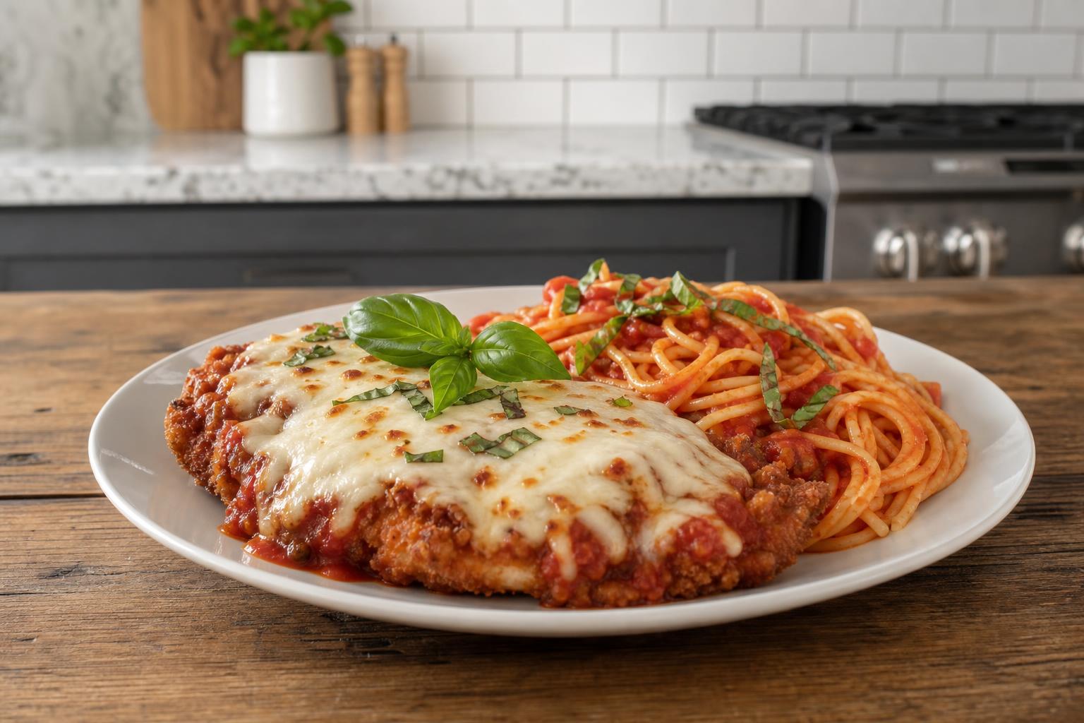 Plate of chicken parm topped with marinara and cheese served with spaghetti pasta