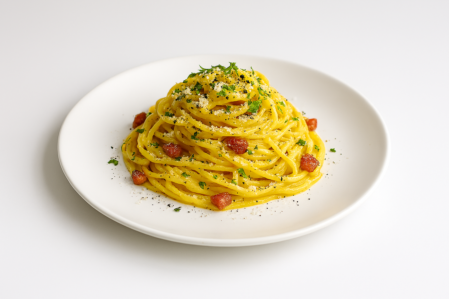 Creamy spaghetti carbonara with crispy pancetta and freshly grated Parmesan cheese