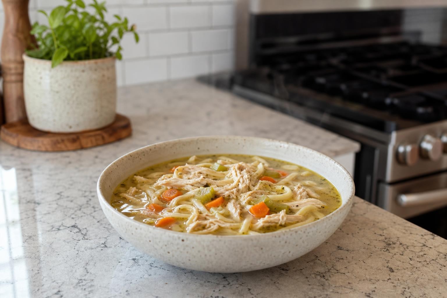 Bowl of warm comfort chicken soup with noodles and vegetables