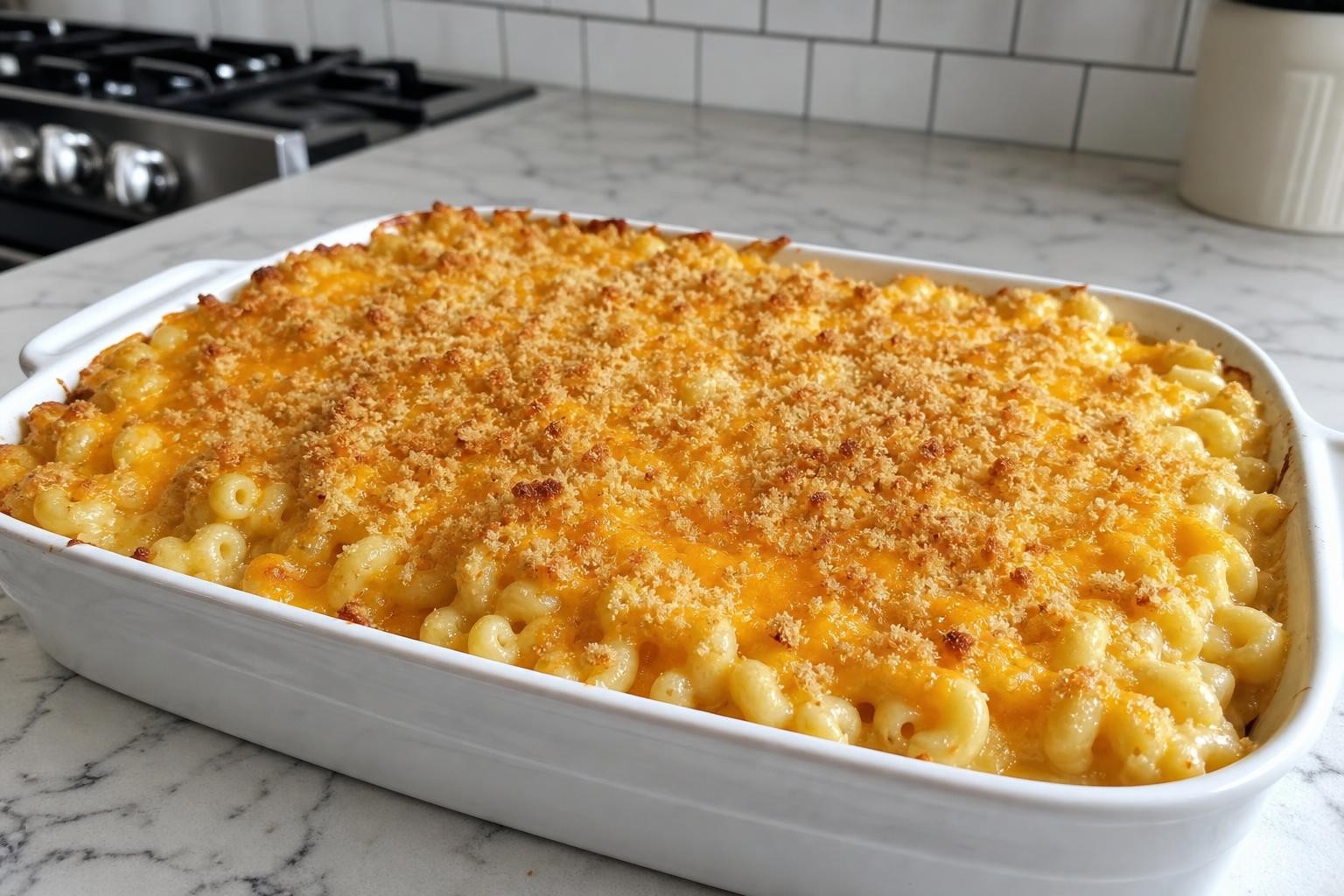 Creamy baked macaroni and cheese in a white baking dish with golden breadcrumb topping