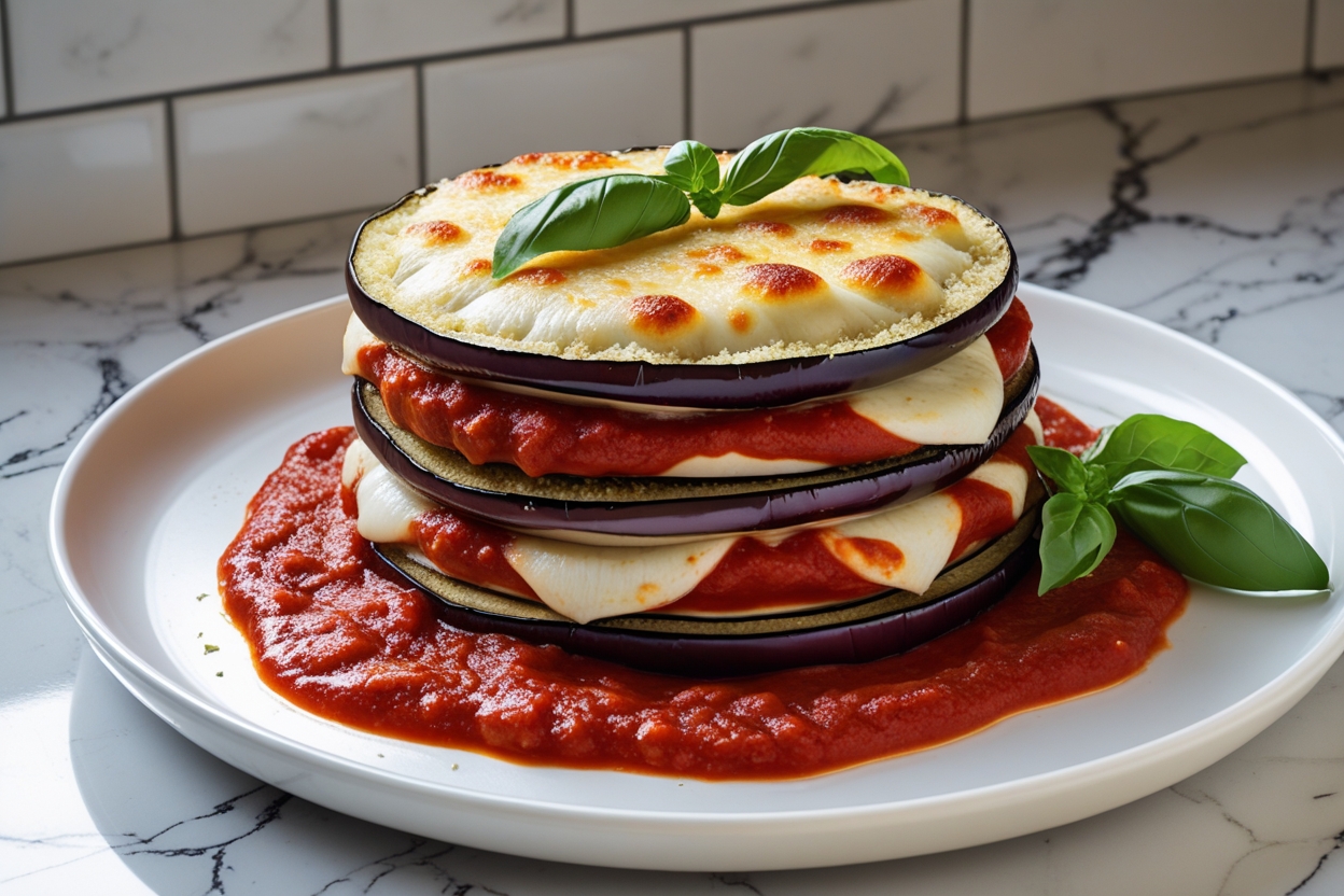 Layered eggplant parmesan with melted cheese and marinara sauce
