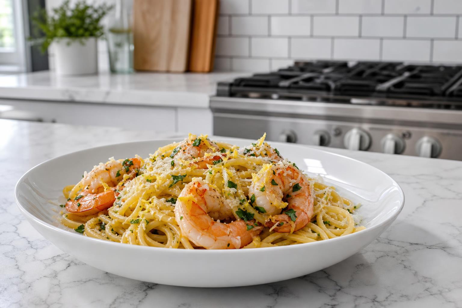 Shrimp scampi linguine in garlic butter lemon sauce with parsley and parmesan