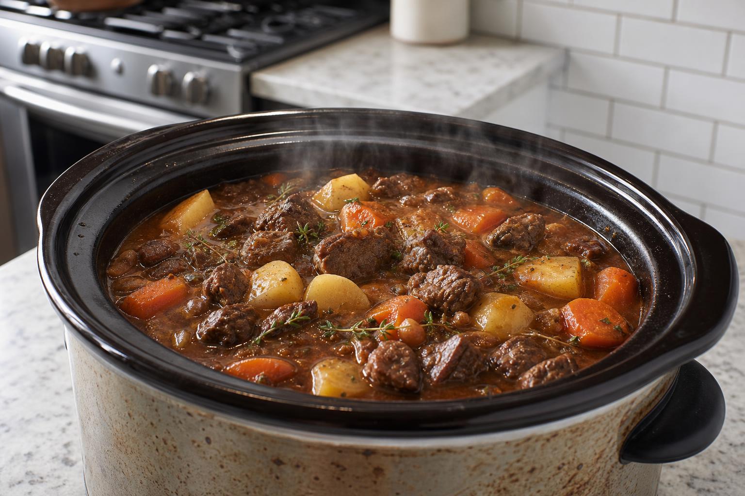 Slow cooker filled with hearty beef stew garnished with parsley