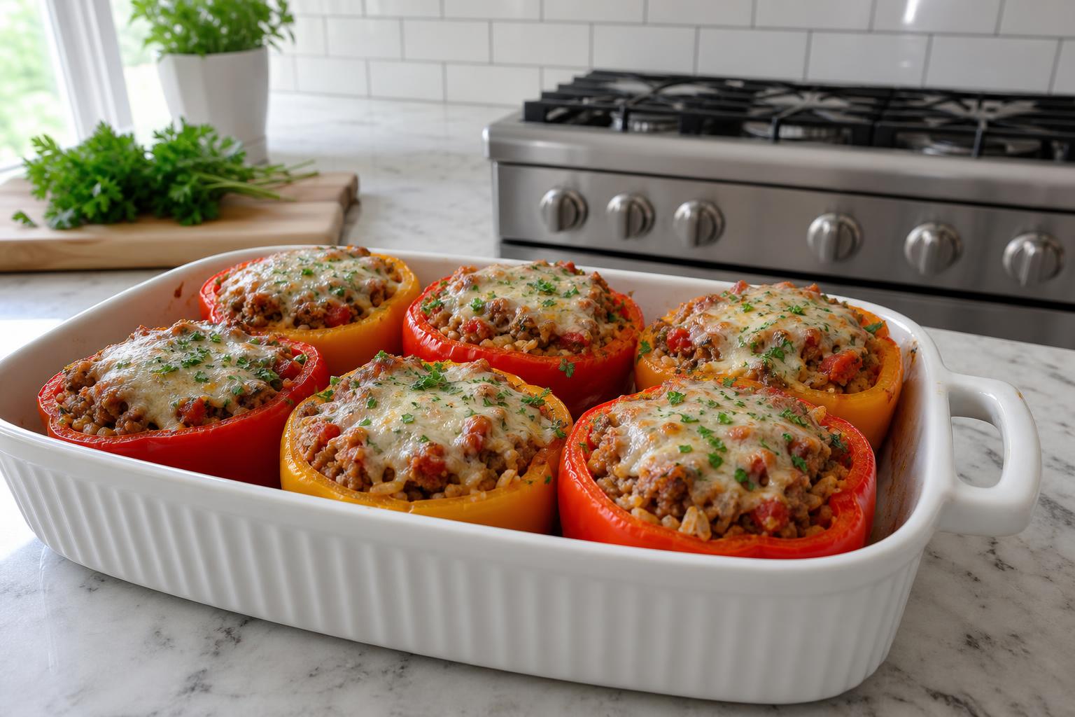 Colorful bell peppers stuffed with beef and rice, topped with melted cheese