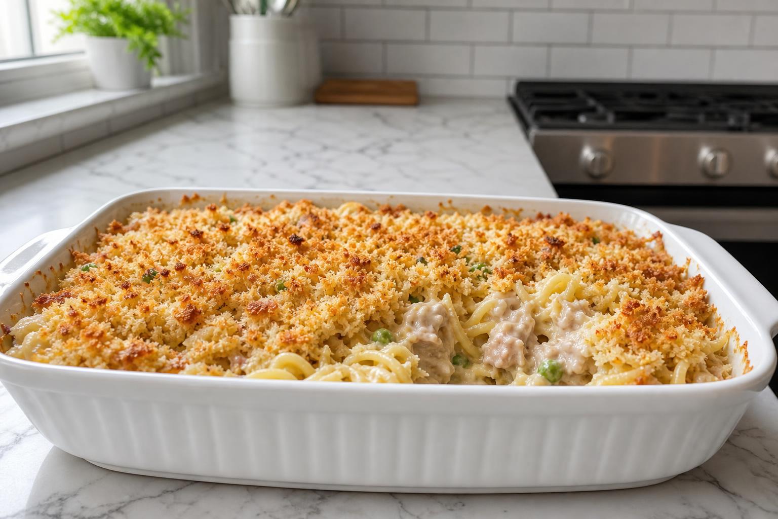 Creamy tuna noodle casserole with golden crispy breadcrumb topping