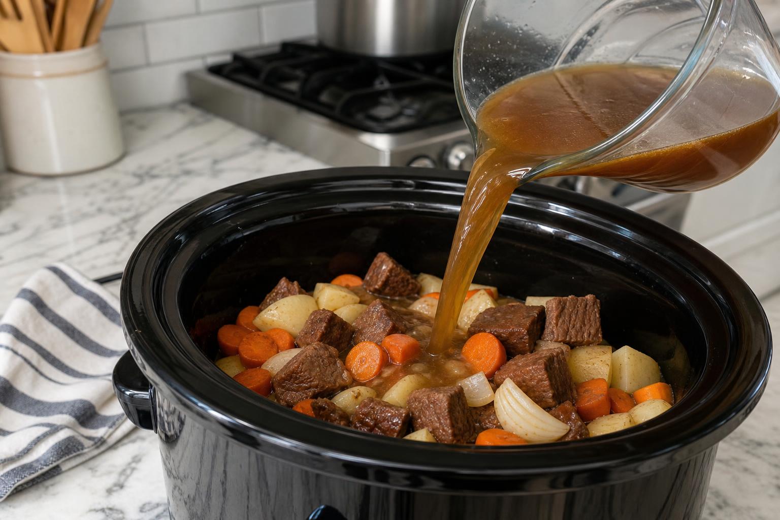 Step 3: Pour in broth and cook