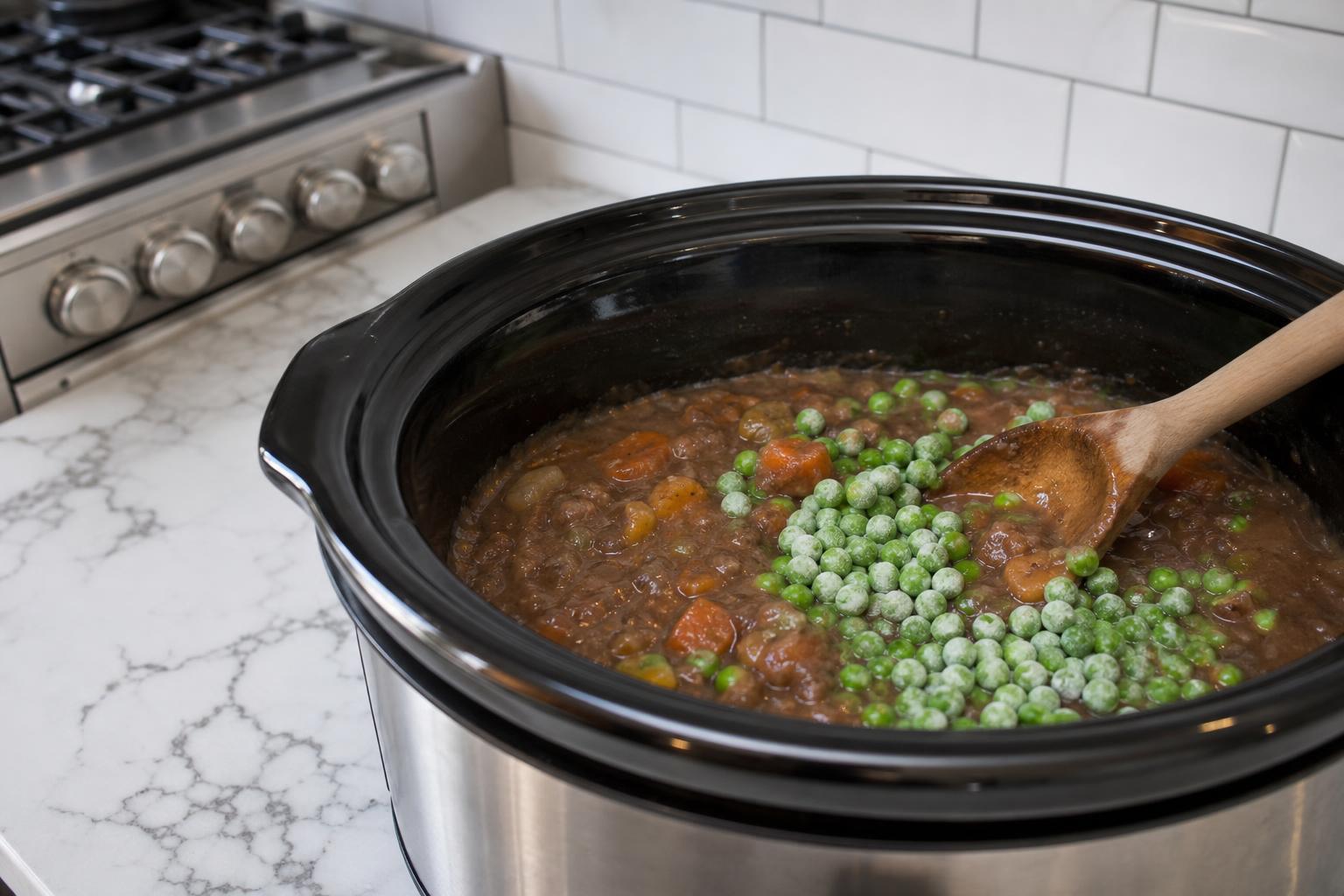 Step 4: Add peas and finish cooking
